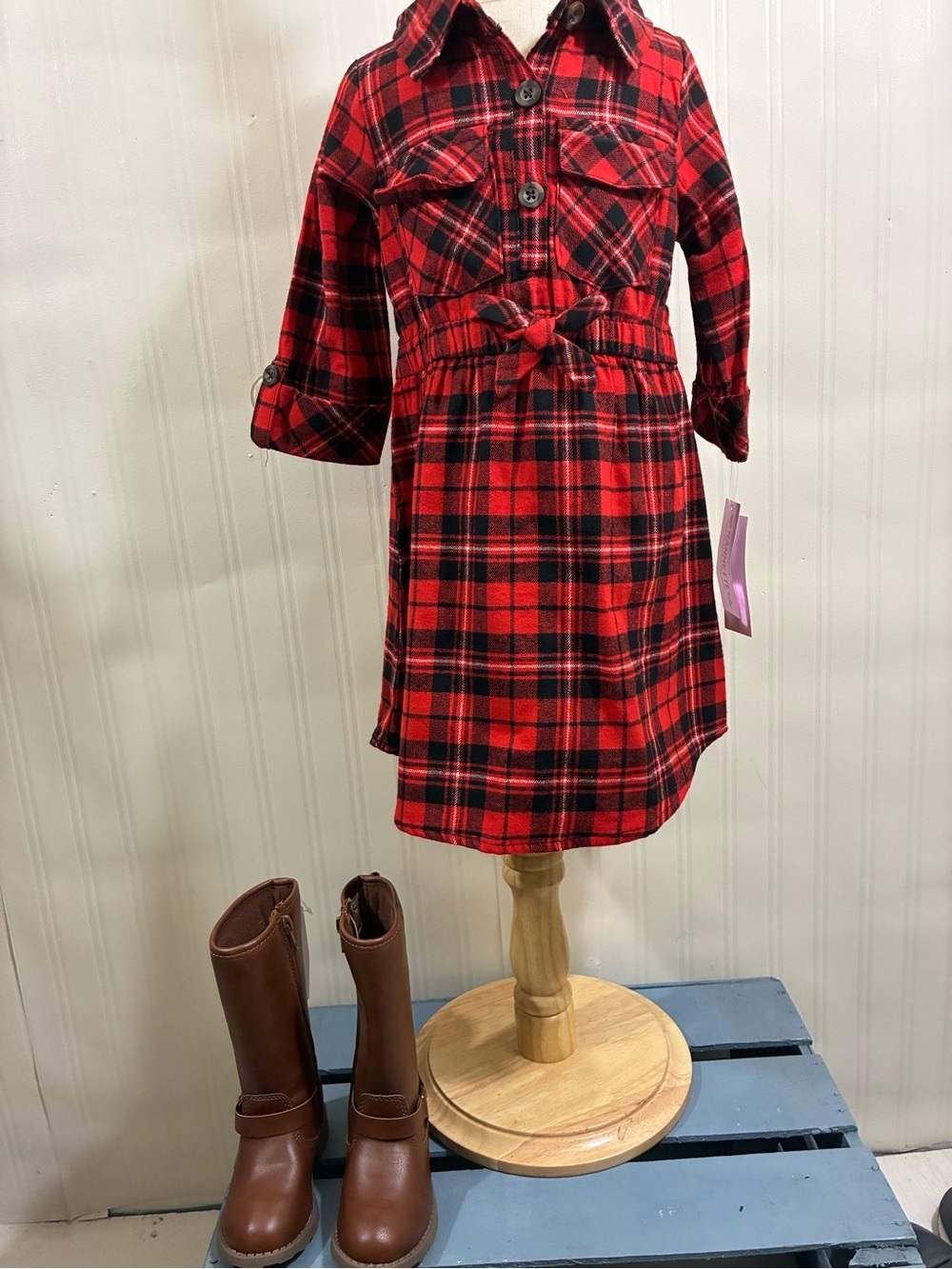 Girls Red Plaid Button-Front Dress with Waist Tie